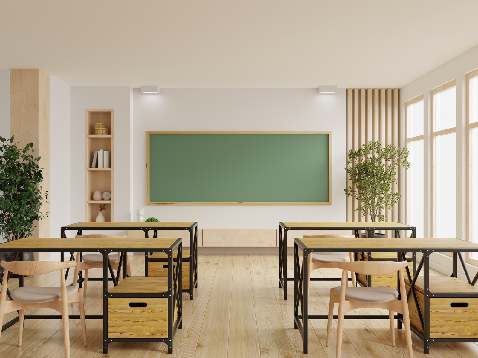 Classroom with school desks and greenboard,empty school clas